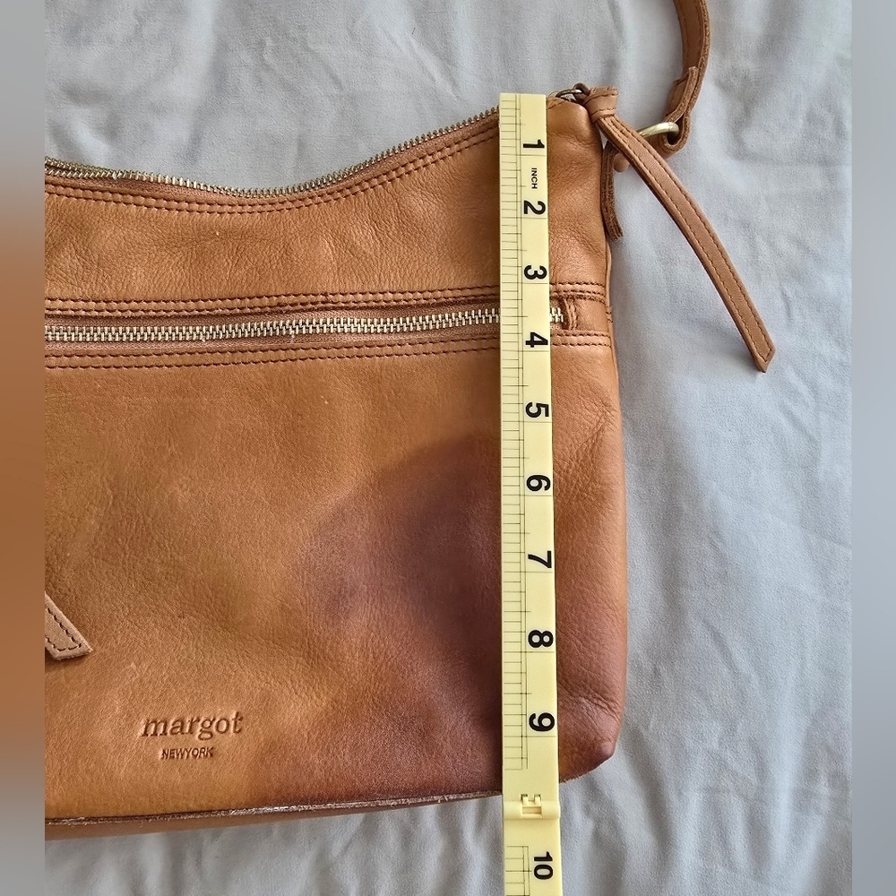 Margot New York Mary Scoop Double Zipper Cognac Brown Leather Shoulder Bag - Picture 8 of 10